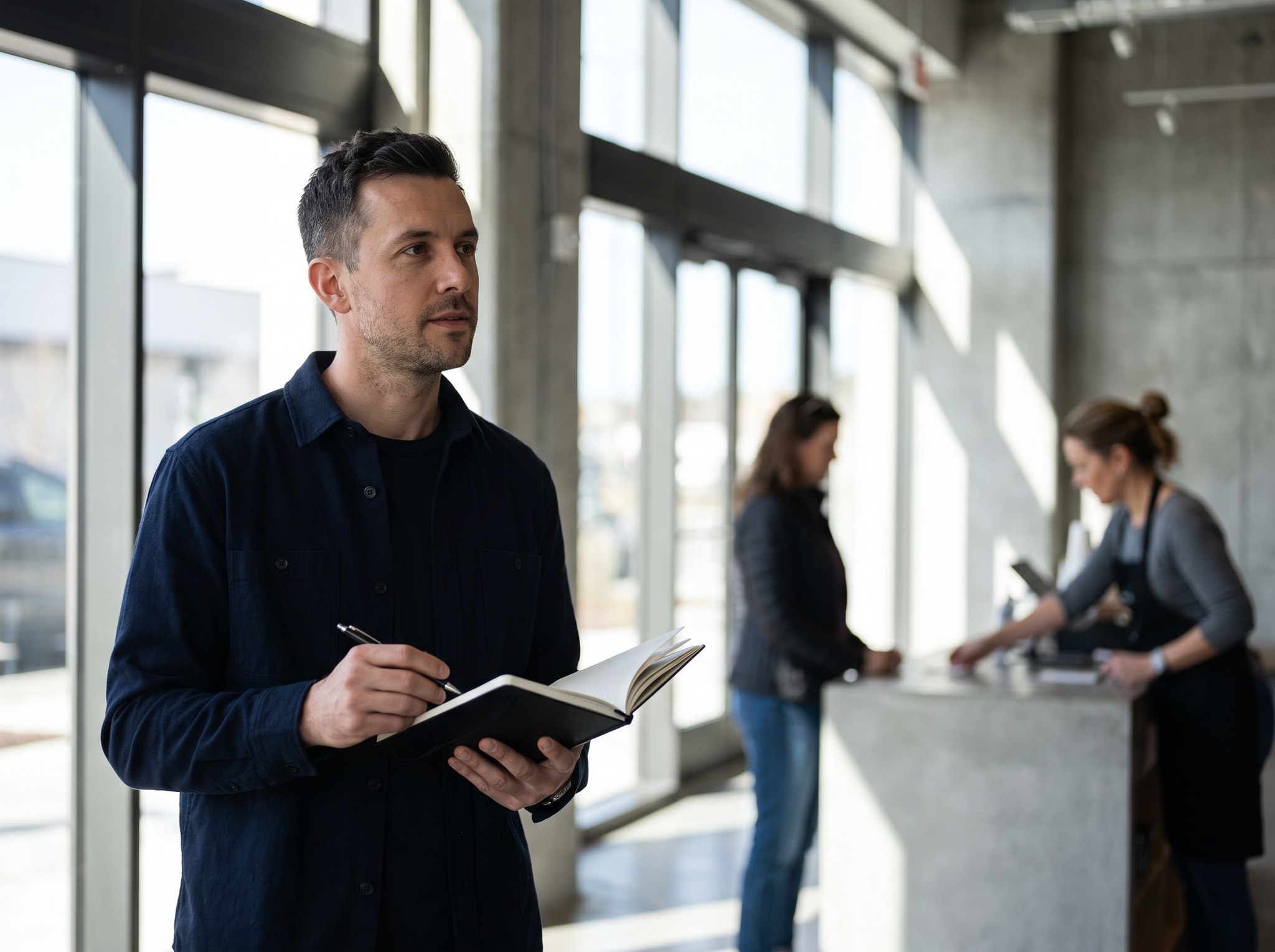 A consultant with a notebook watching the owner serve a customer at the counter.