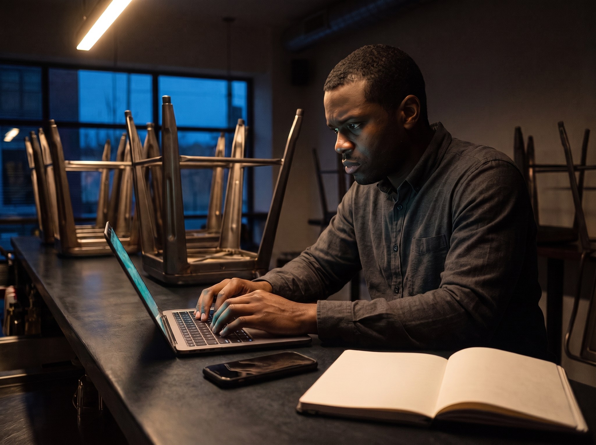 A consultant building at a laptop on the counter of a closed café after hours, stools stacked behind.