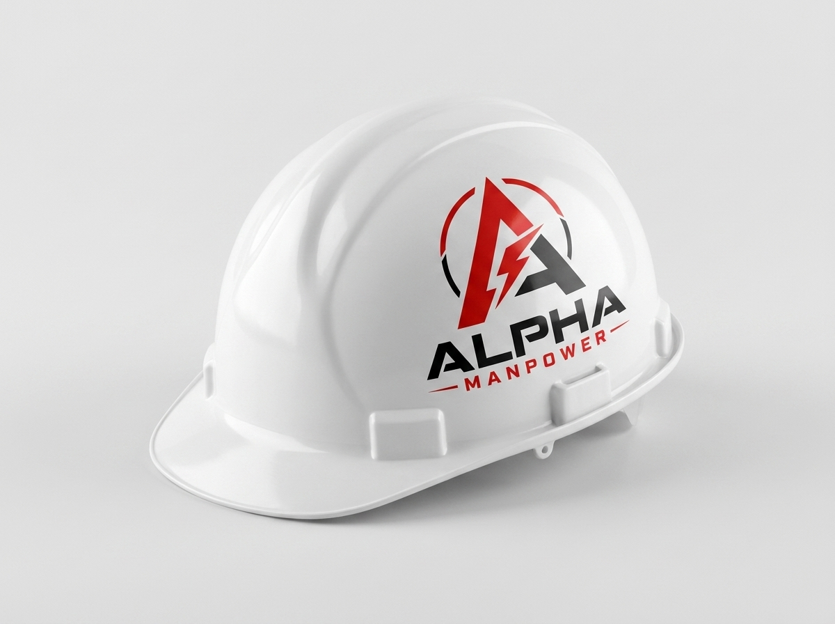 The Alpha Manpower mark applied to a white hard hat.