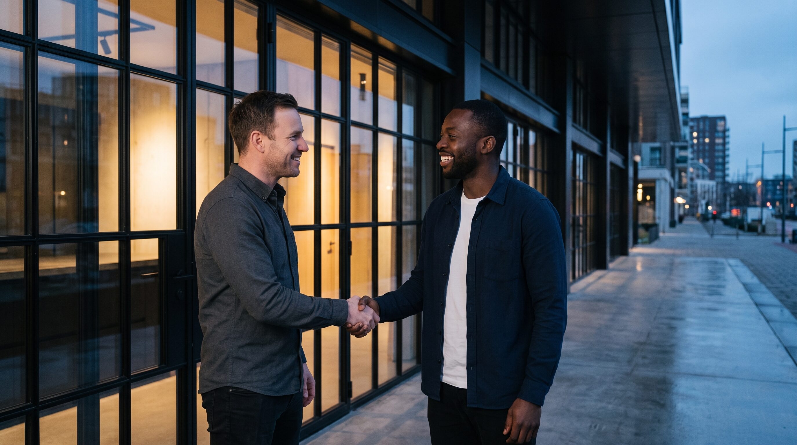 Two men shaking hands in front of a modern storefront at dusk.