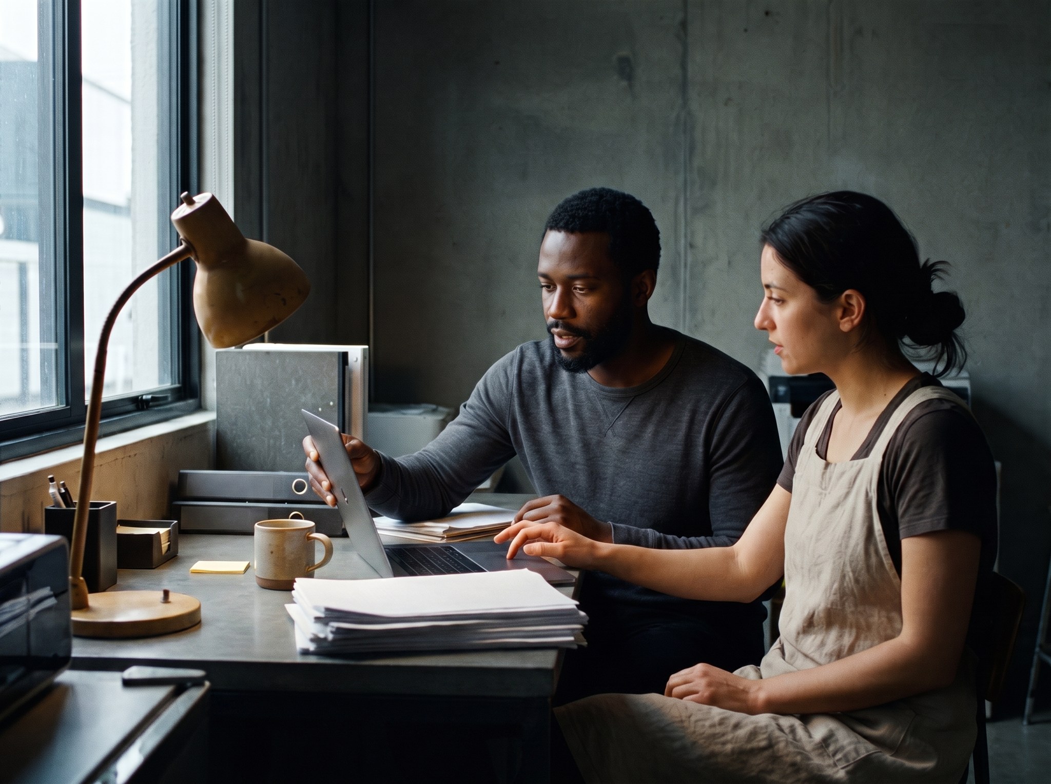 A consultant working beside a shop owner at her back-office desk, turning the laptop toward her.
