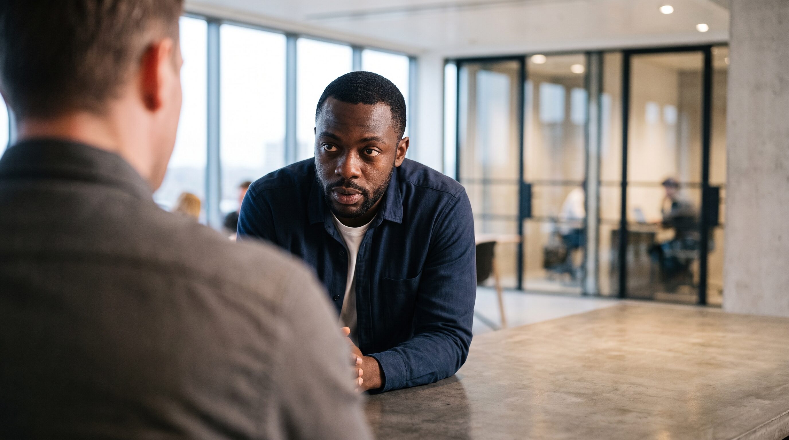 A founder listening across a table in a coworking lounge, glass-fronted offices behind.